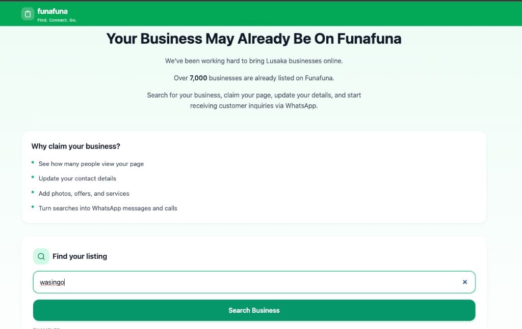 Funafuna claim page — search for your business