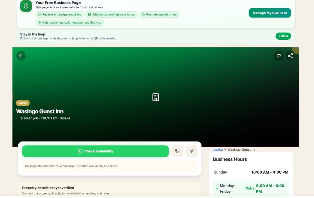 Vendor profile with Your Free Business Page and Manage My Business