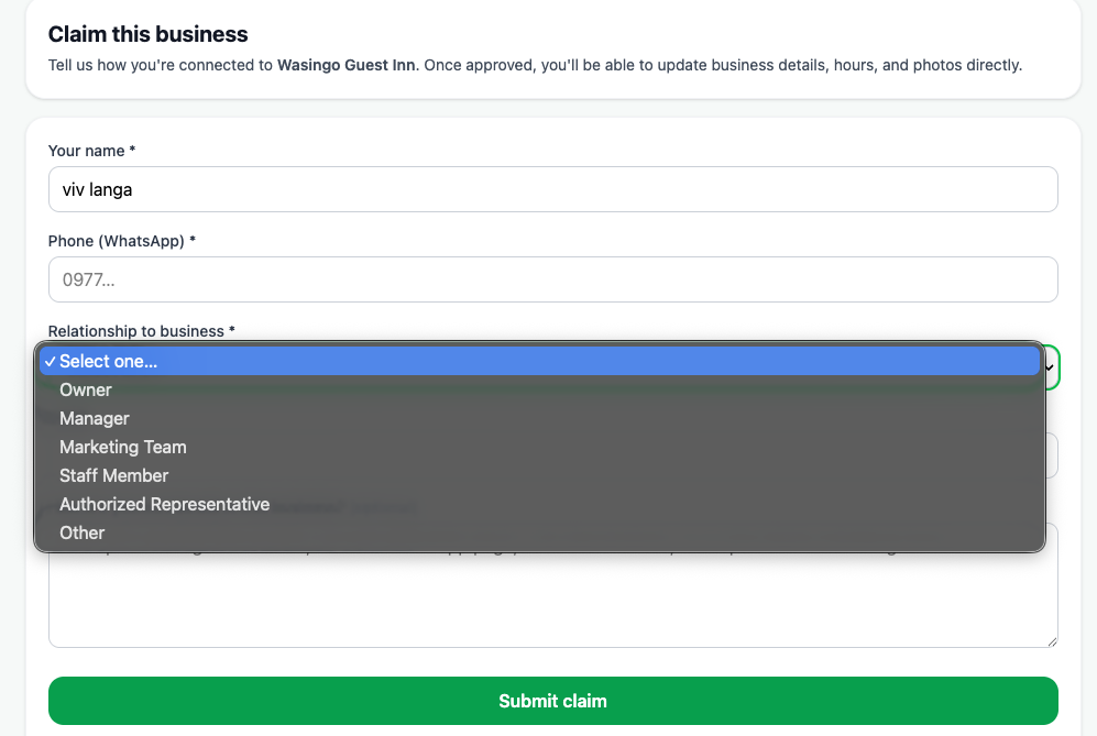 Claim form — name, phone, relationship to business, extra details