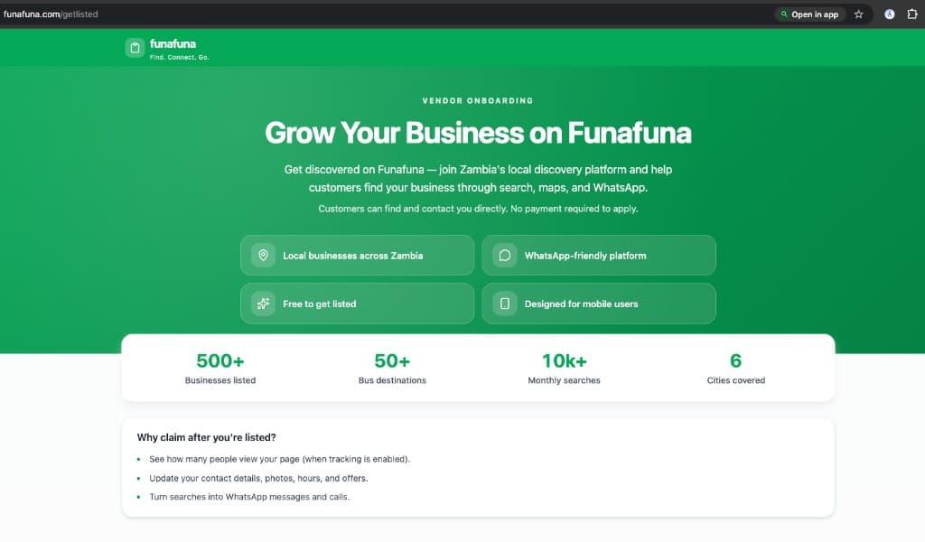 Get Listed landing page — Grow Your Business on Funafuna