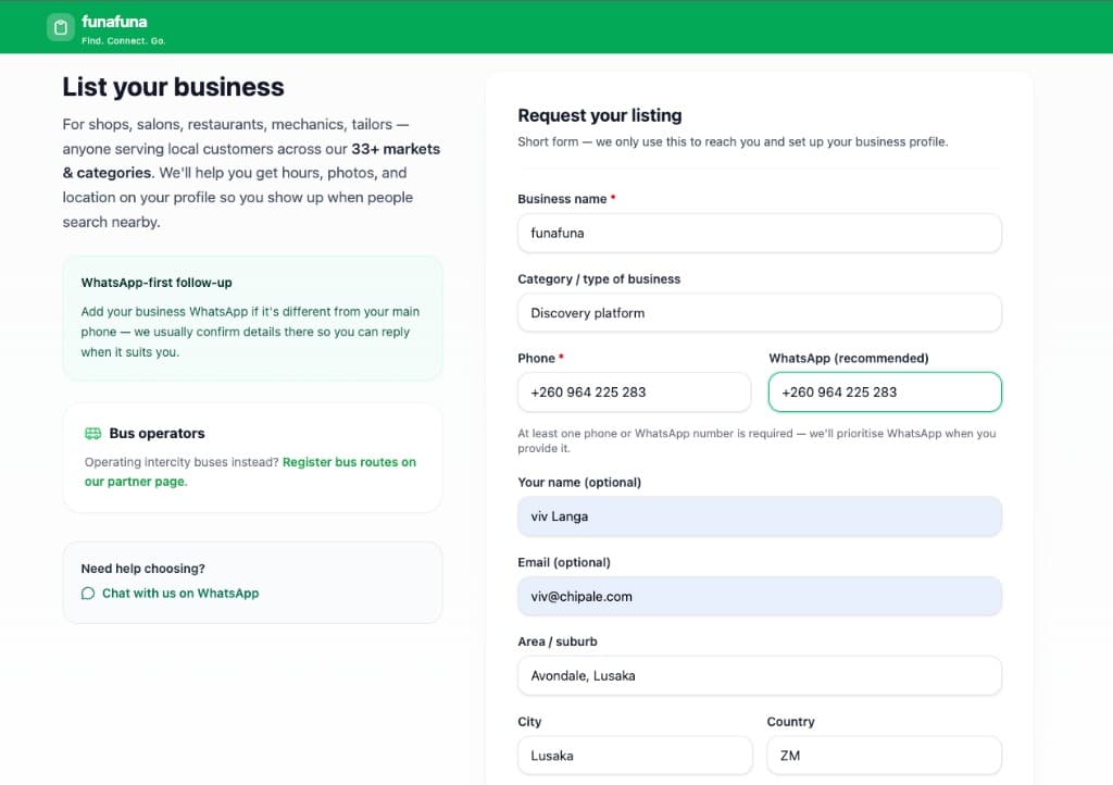 Request your listing form — business and contact fields