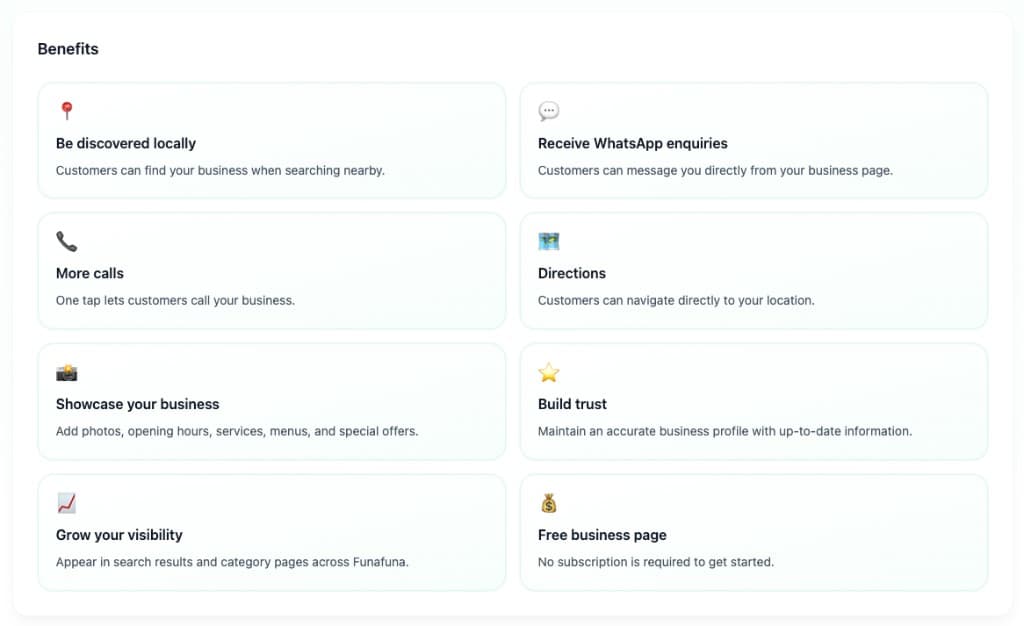 Benefits of a free Funafuna business page — local discovery, WhatsApp, calls, and more