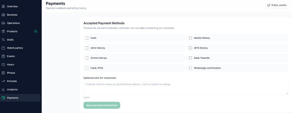 Vendor dashboard Payments page with accepted payment method checkboxes