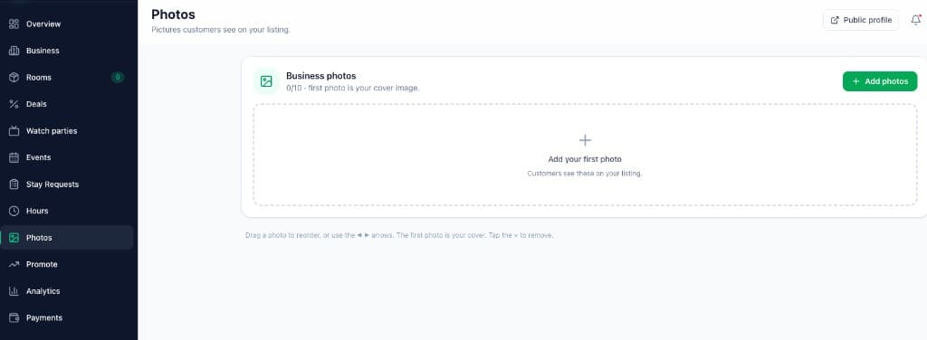 Vendor dashboard Photos page showing the Public profile link in the header