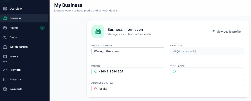 Vendor dashboard Business Information form with contact and address fields