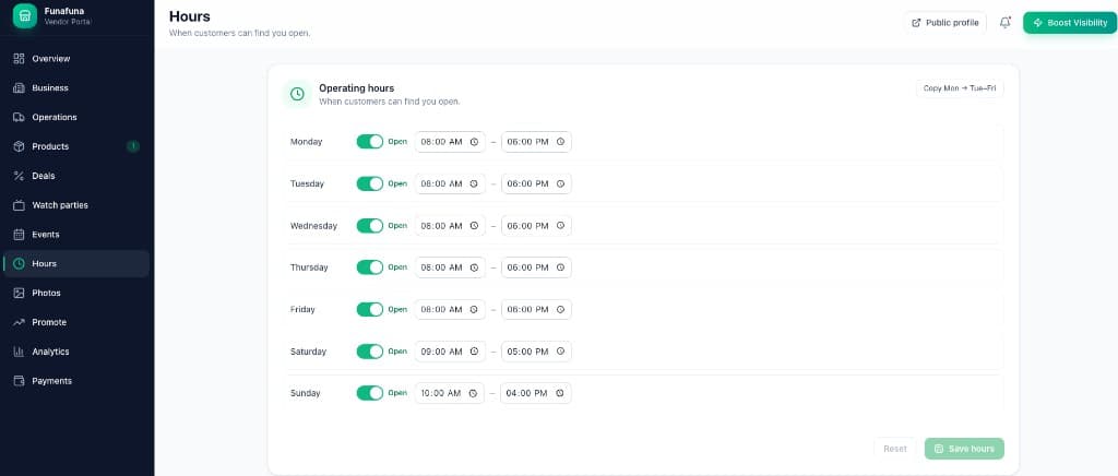 Vendor dashboard Hours page with daily open and close times