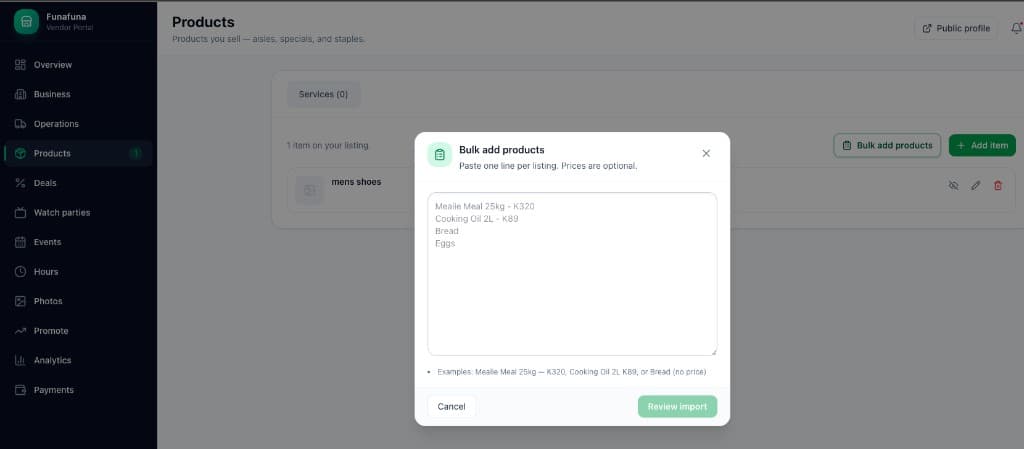 Bulk add products modal with example grocery items and prices