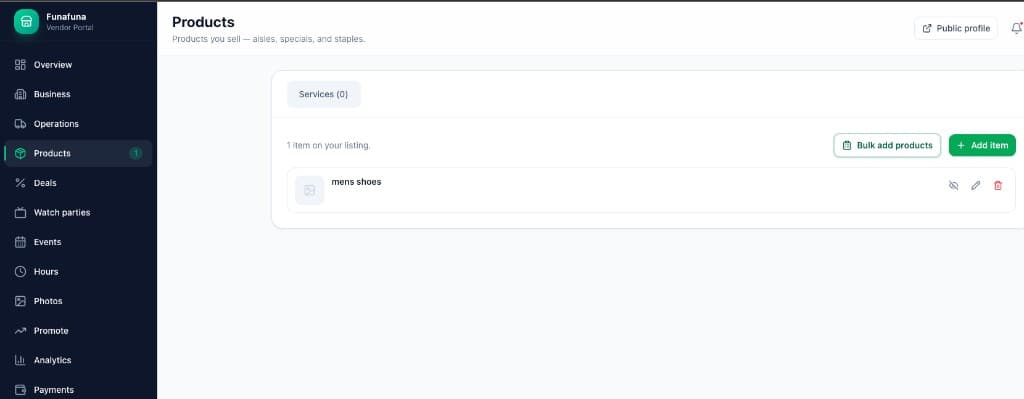 Vendor dashboard Products page for grocery and retail listings