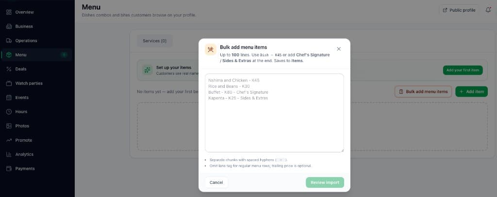Bulk add menu items modal with example dishes and prices