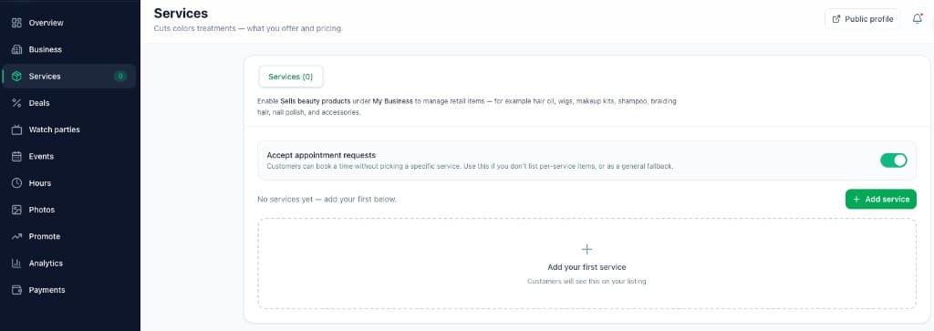 Vendor dashboard Services page with appointment requests toggle