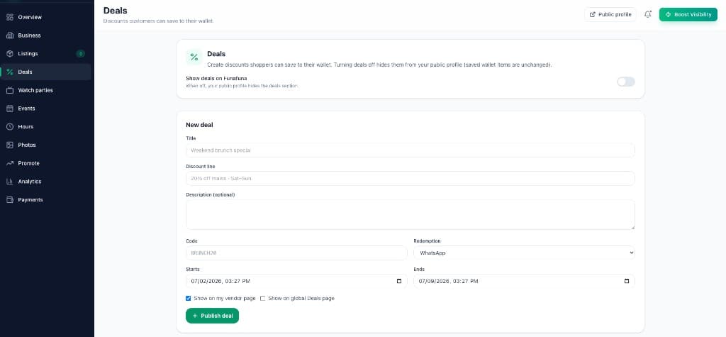 Vendor dashboard Deals page for publishing customer discounts