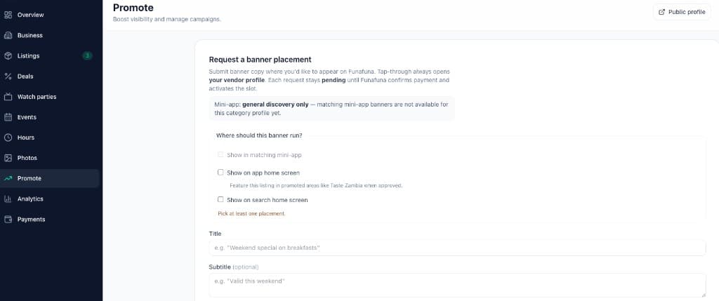 Vendor dashboard Promote page for banner placement requests